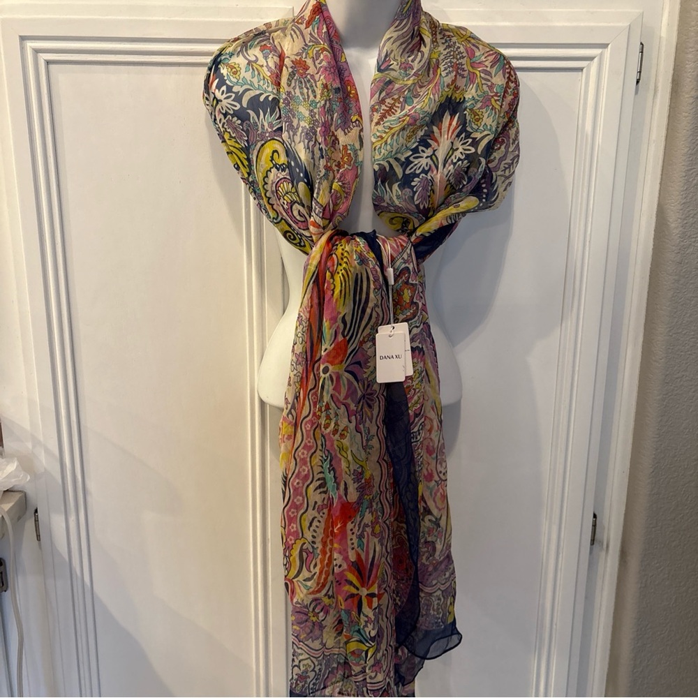 NWT DANA XU 100% Silk Extra Large Wrap Scarf Blue Pink Floral 96.5 /43.5
